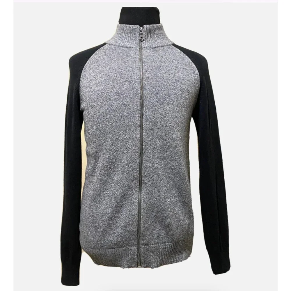 Banana Republic Mens Gray Black Mock Neck Full Zip Knit Sweater Jacket Pullover